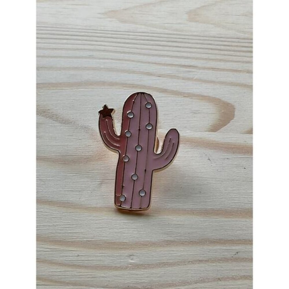 Cute Pink Cactus Lapel Pin With Gold Accents & Star Detail For Accessories Or Co